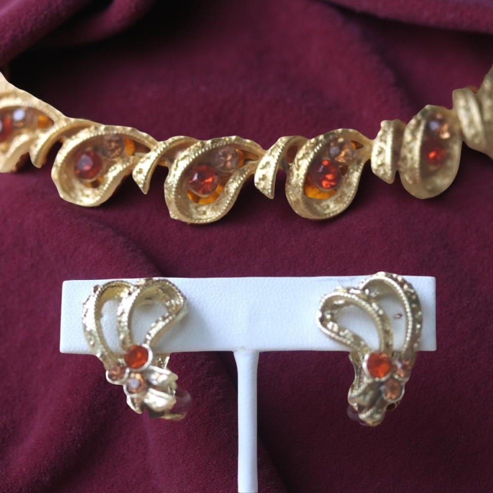 Vintage Gold Necklace and Clip-On Earrings Set with Orange Accents